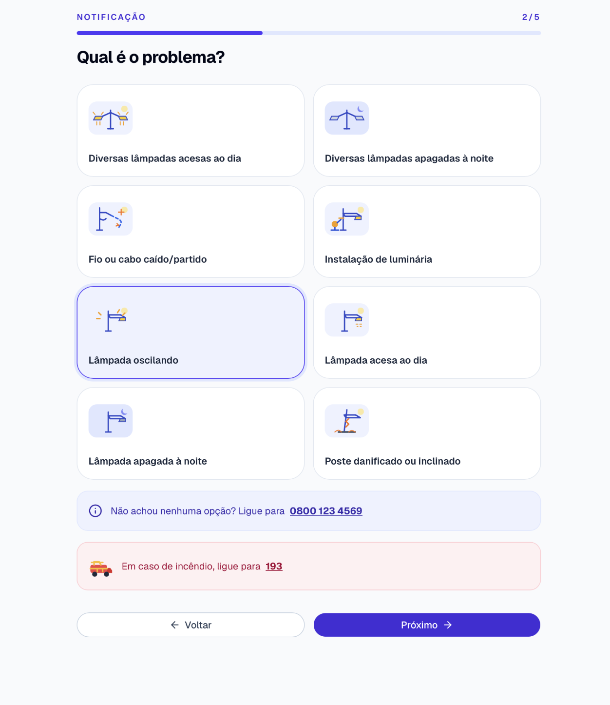 Lumos Cidadão: seleção do tipo de ocorrência de iluminação pública